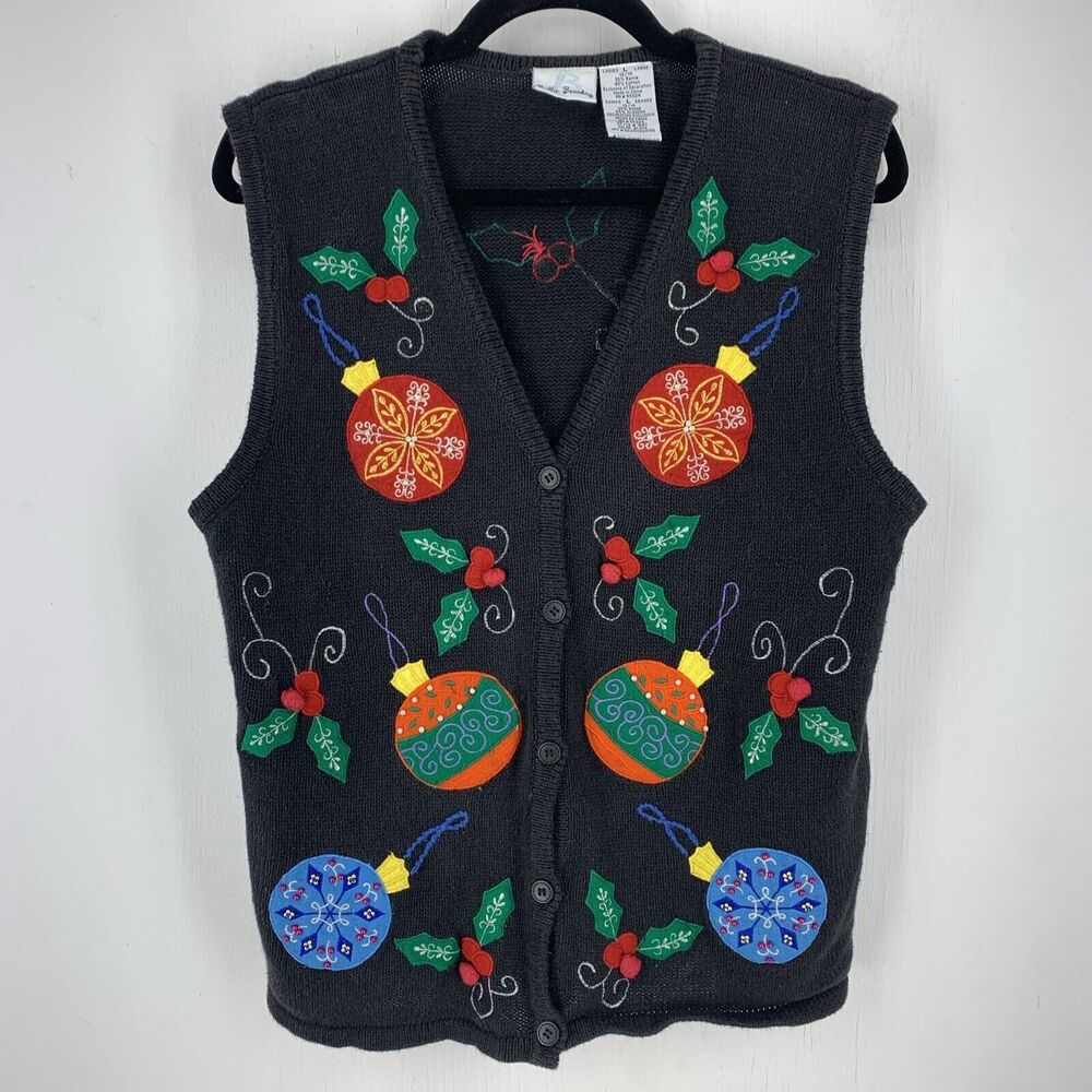 Vtg Bobbie Brooks Large Christmas Sweater Vest Holiday Ornaments Patchwork Artsy